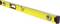A yellow spirit level with horizontal and vertical vials. It has a black grip recess in the centre and red end caps.