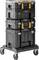 Professional tool case set on wheels with multiple stackable, black boxes and yellow closures, ideal for storage.