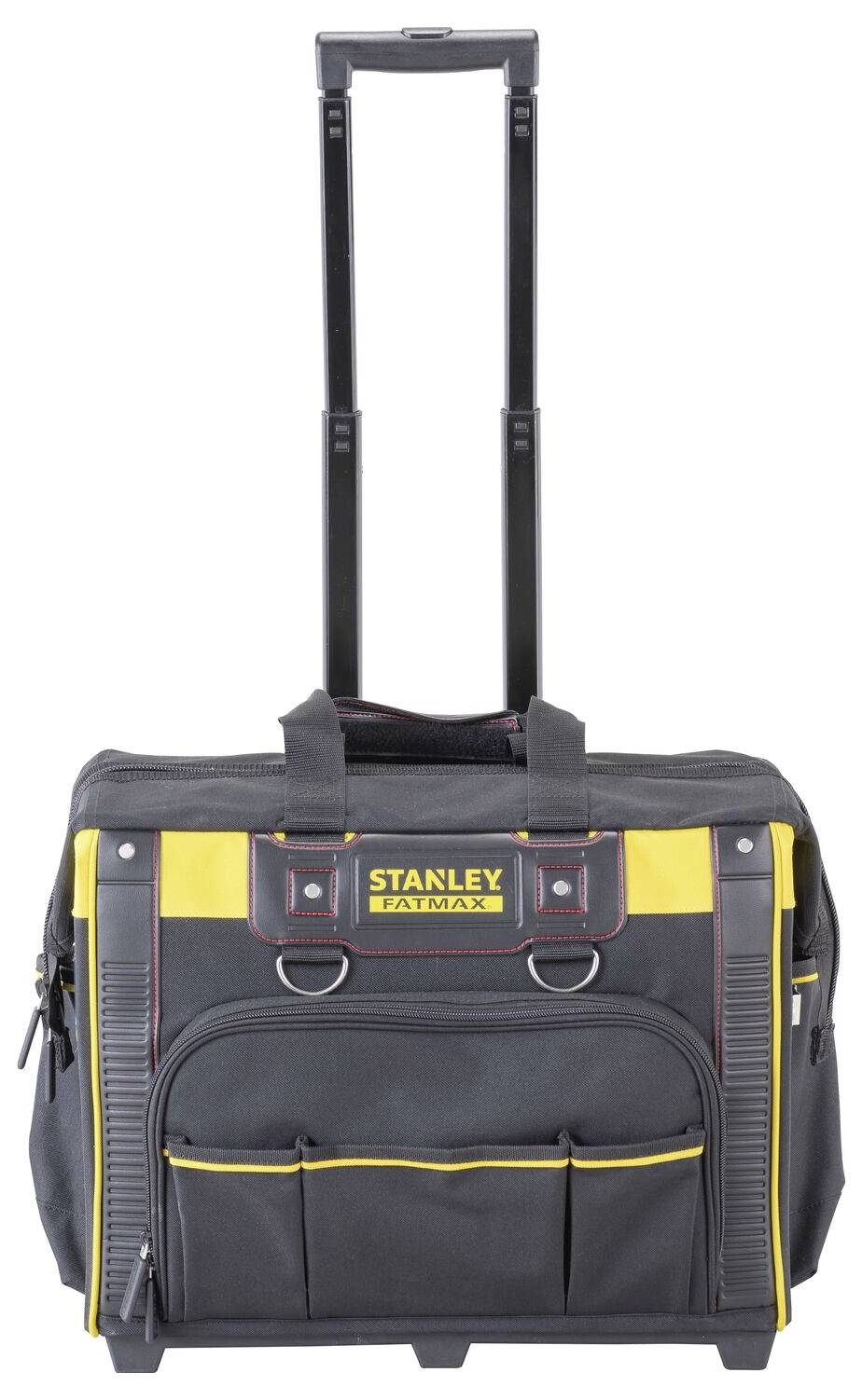 Black tool bag on wheels with a yellow accent and telescopic handle, 'Stanley' brand visible, suitable for transporting tools.