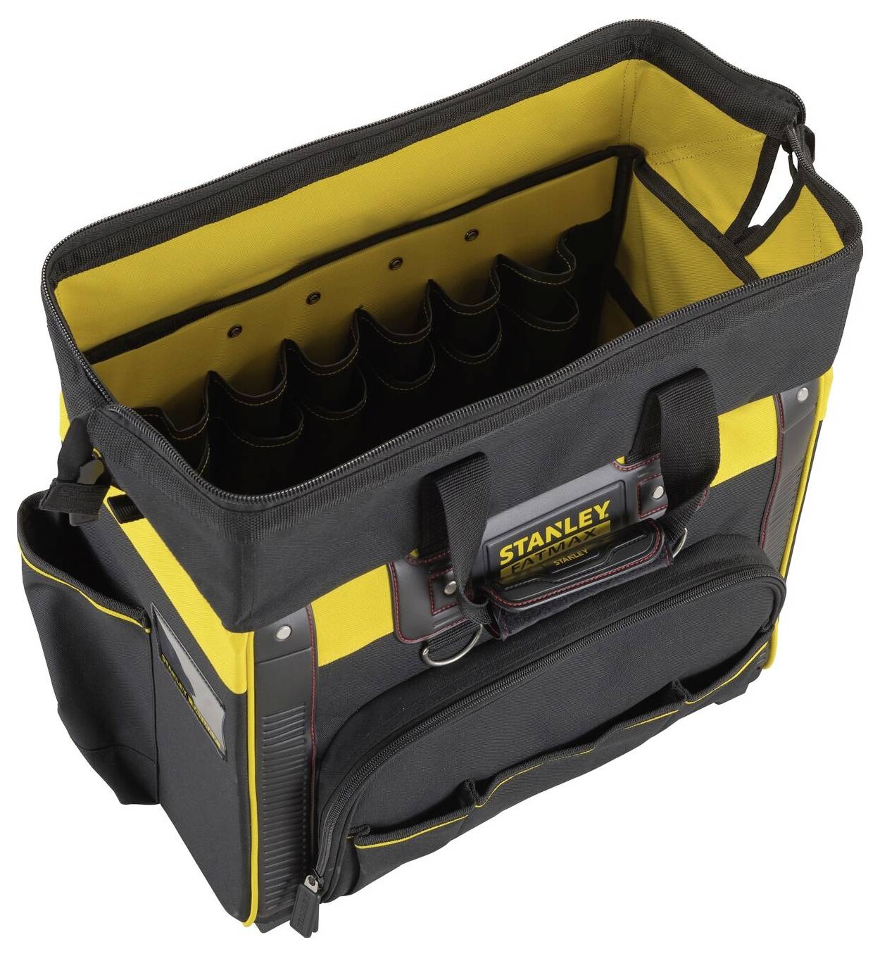 A black tool bag with yellow accents and multiple internal pockets, designed for storing tools.