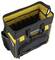 A black tool bag with yellow accents and multiple internal pockets, designed for storing tools.