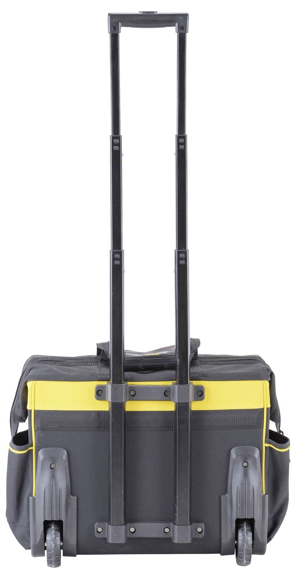 Wheeled suitcase with extended handle, black with yellow accents, two wheels at the bottom.