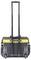 Wheeled suitcase with extended handle, black with yellow accents, two wheels at the bottom.