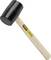 Rubber hammer with light wooden handle and black head, yellow label reading 'STANLEY'. Ideal for gentle hammering.