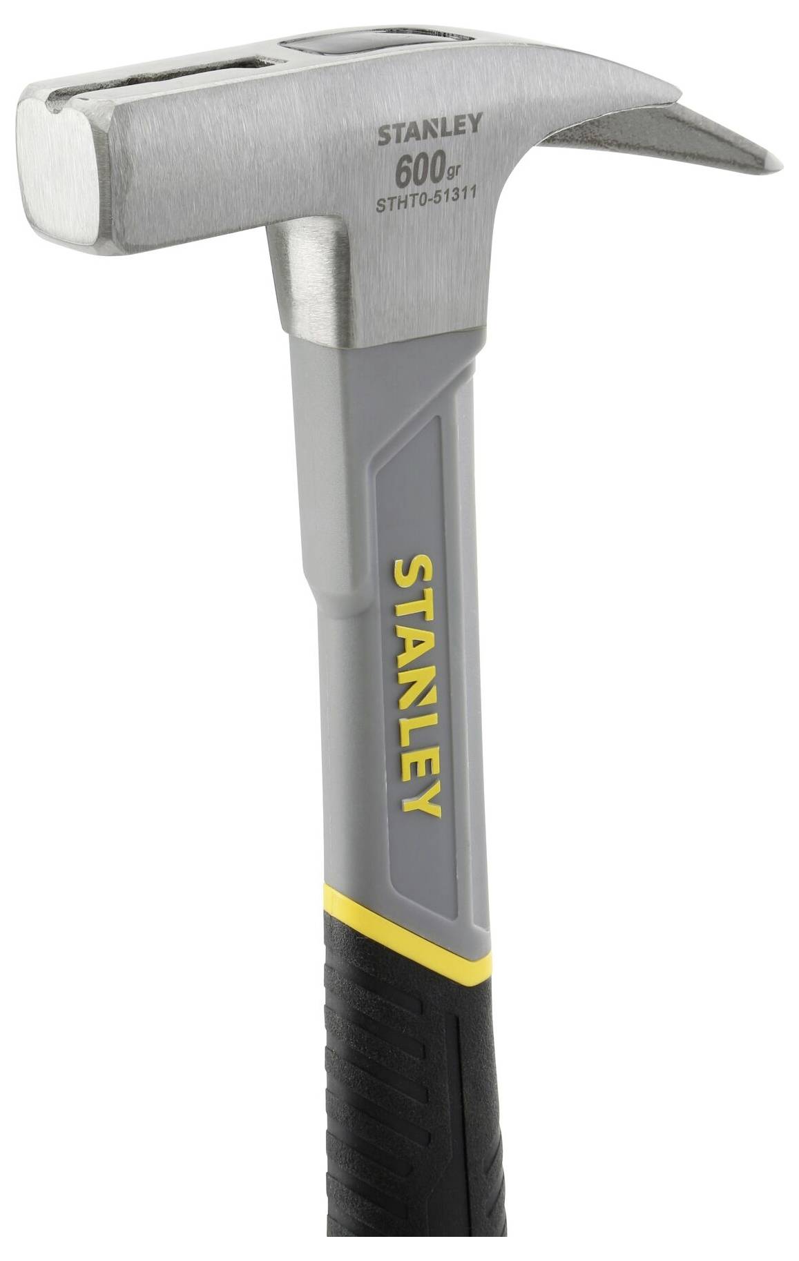 A grey hammer with a yellow 'Stanley' logo and the inscription '600g'. The hammer has a ribbed handle for better grip.