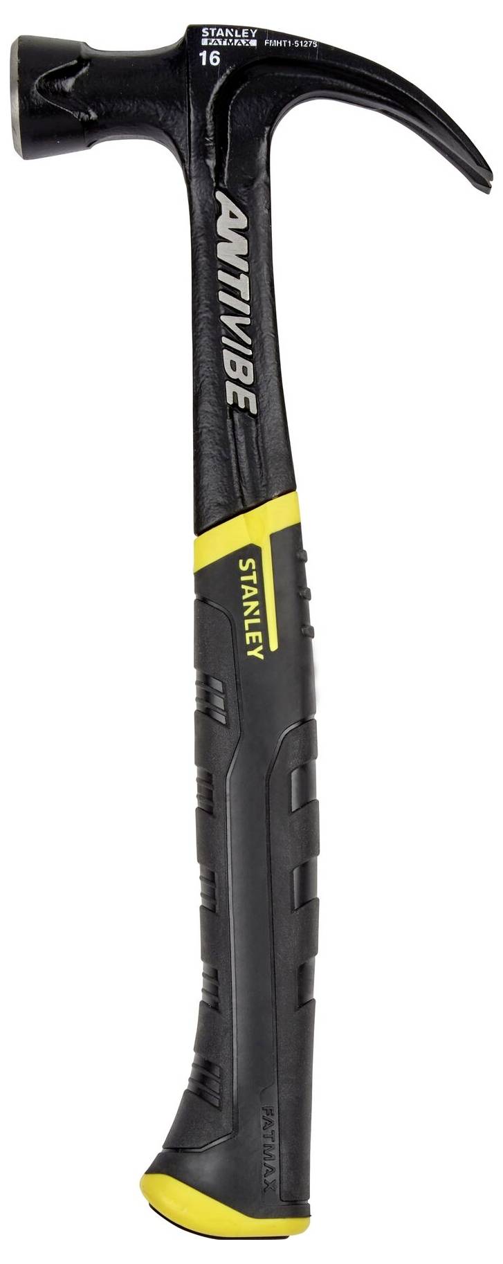 Hammer with an anti-vibration handle and yellow accents on a black background. The brand name 'Stanley' is visible on the handle.