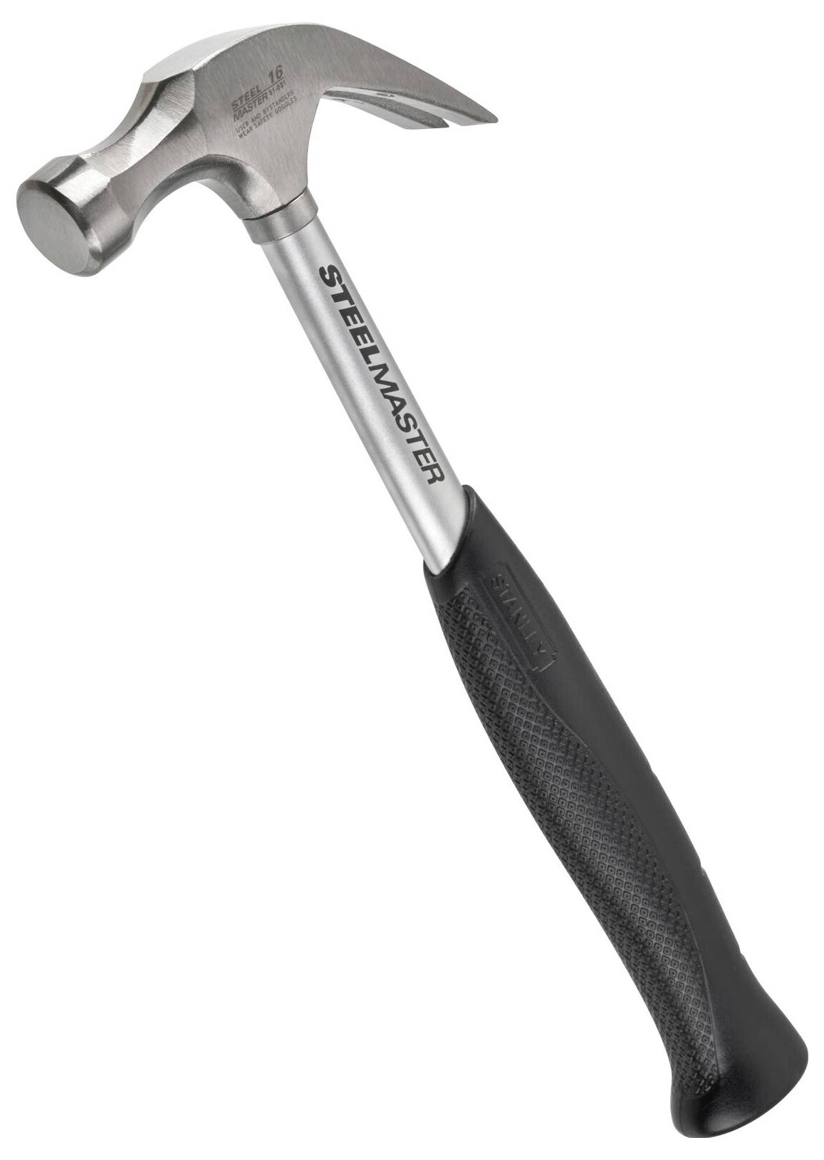 Hammer with a steel head and rubber-covered handle, on a light background.