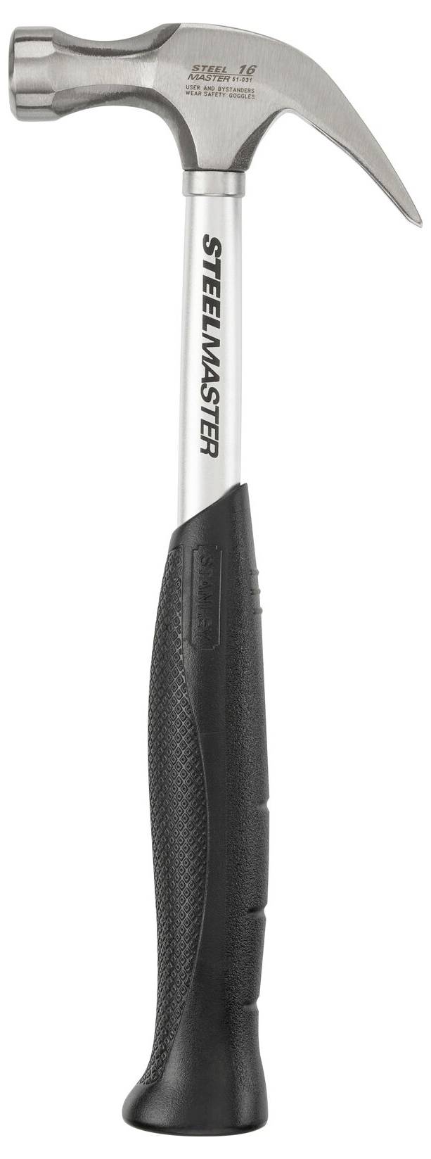 A hammer with a metal head and black handle, bearing the brand name 'STEELMASTER' on the handle.