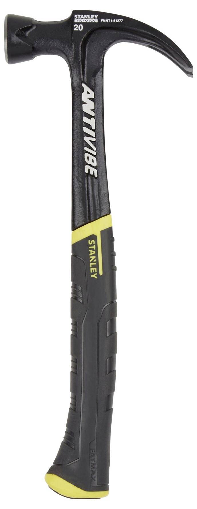 Hammer with a black handle, 'Stanley' and 'Antivibe' inscription, yellow accents, curved claw.