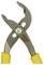 A pair of pliers with adjustable jaws and a yellow handle, positioned open.