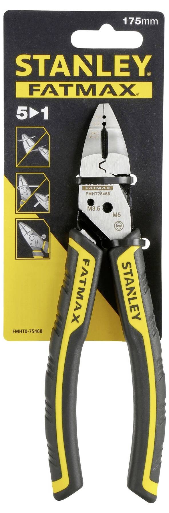 'STANLEY FATMAX Combination Pliers with Packaging. Shows Functions: Cutting, Bending, Gripping. Length: 175mm. Black and Yellow Handle.'