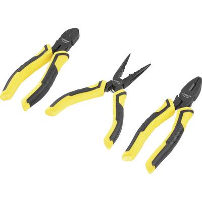Three pliers with yellow and black handles. From left to right: side cutters, needle-nose pliers, combination pliers. Brand name visible on the tools.