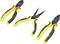 Three pliers with yellow and black handles. From left to right: side cutters, needle-nose pliers, combination pliers. Brand name visible on the tools.