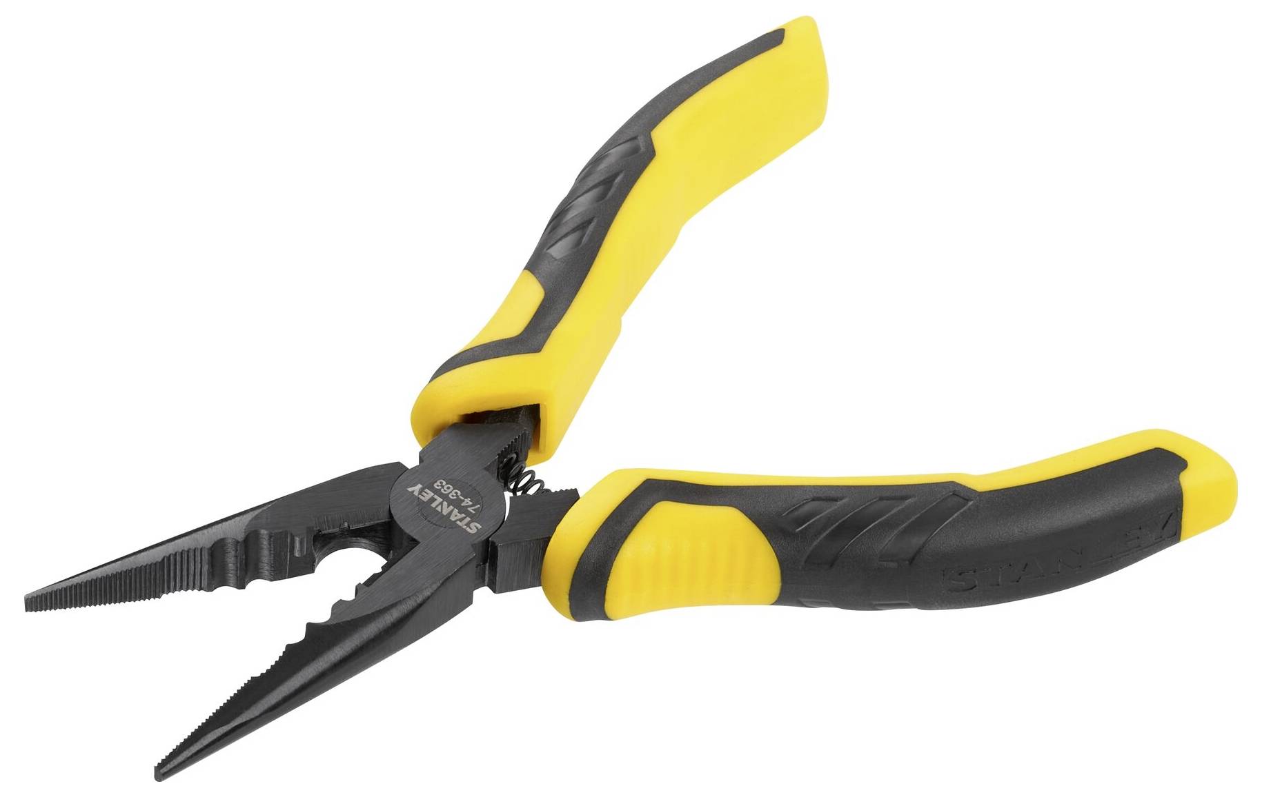 A yellow and black combination pliers with serrated jaws lies against a white background. It is used for gripping and cutting wires.