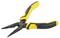 A yellow and black combination pliers with serrated jaws lies against a white background. It is used for gripping and cutting wires.