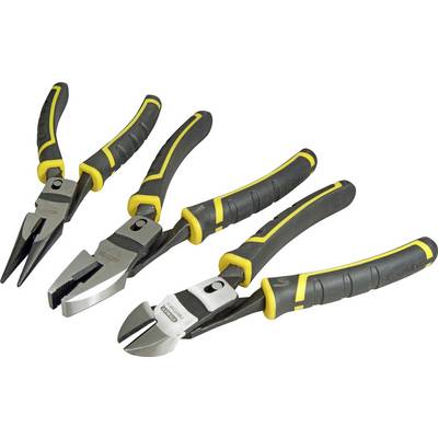 Four different pliers with black and yellow handles lie side by side: flat round-nose pliers, water pump pliers, combination pliers, and side cutters.