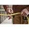 A person is using side cutters to slice through a thick, yellow cable. The scene suggests electrical work.