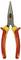 A combination pliers with red and yellow handles. It has long, narrow jaws for precise gripping and cutting of wires.