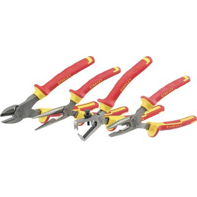 Four red and yellow hand tools, including side cutters, wire strippers, long-nose pliers, and combination pliers.