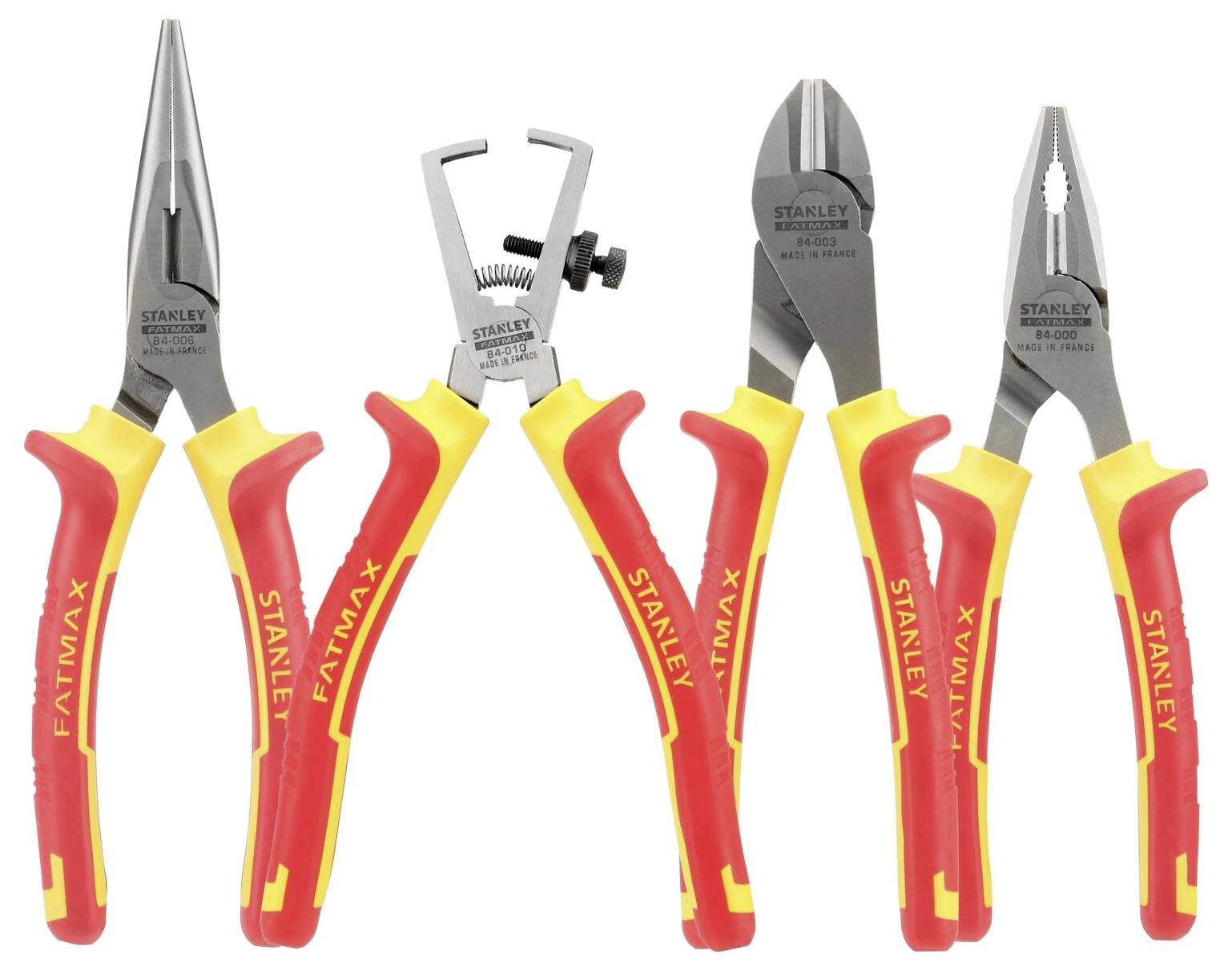 Five handheld tools, including pliers and a wire stripper, with red and yellow handles, are standing upright in a row.