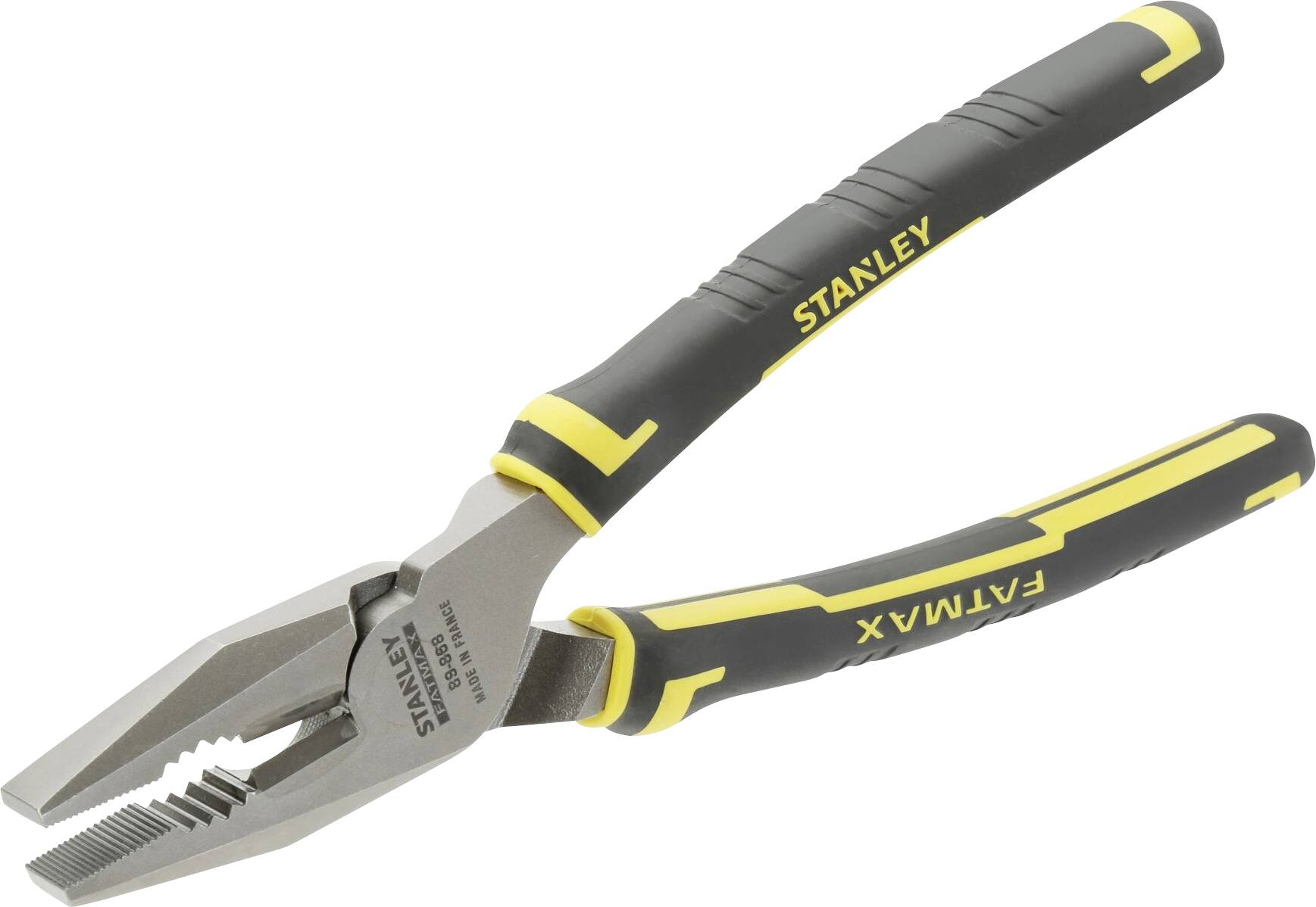 A combination pliers with black and yellow handles, 'Stanley' brand name visible.