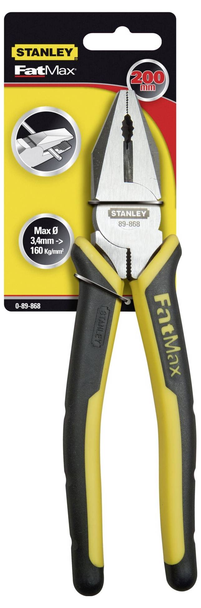 'STANLEY FatMax' combination pliers in black and yellow packaging, labelled with 'Max Ø 3.4mm - 160 kg', with an illustration of a wire.
