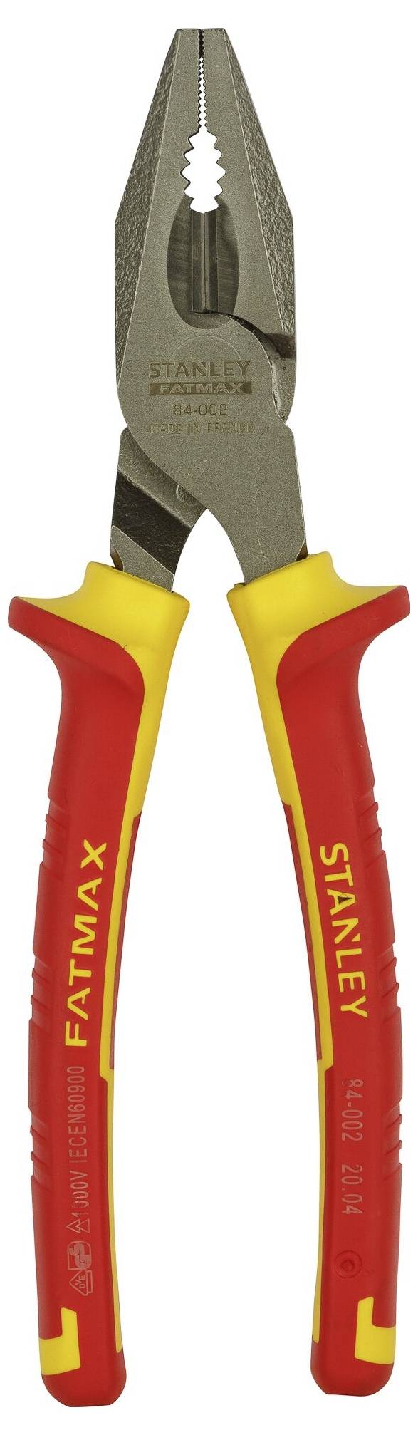 A combination pliers with red and yellow handles, suitable for universal gripping and cutting tasks. The brand name 'Stanley' is visible.