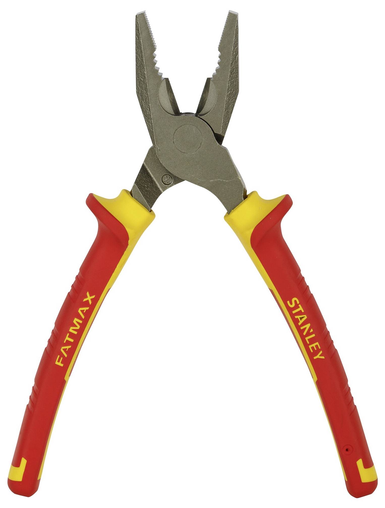 Combination pliers with red and yellow handles, brand names 'Stanley' and 'Fatmax' printed on the handles. Suitable for versatile manual work.