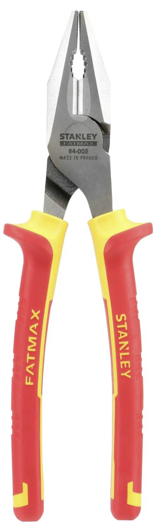 A red and yellow combination pliers made of steel, with 'STANLEY' printed on it. Suitable for gripping, cutting, and bending materials.