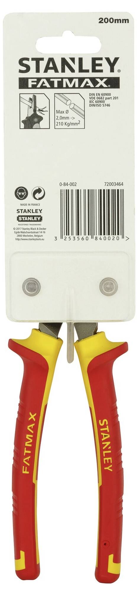 Stanley Fatmax pliers with red and yellow handles, hanging pack, length 200 mm. Suitable for precision work.
