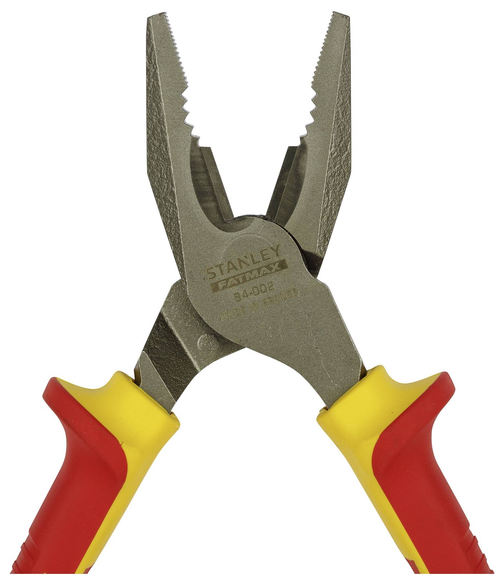 A pair of pliers with a yellow and red handle, opened, showing its serrated jaws. Suitable for electrical work.