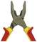 A pair of pliers with a yellow and red handle, opened, showing its serrated jaws. Suitable for electrical work.