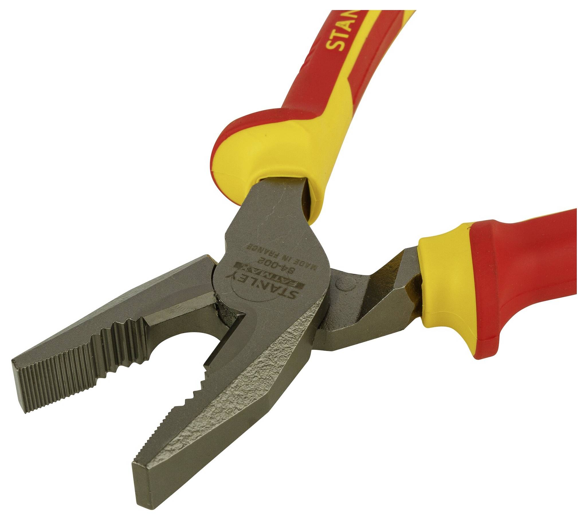 A red and yellow combination pliers with serrated gripping surfaces, suitable for general repair and installation work.