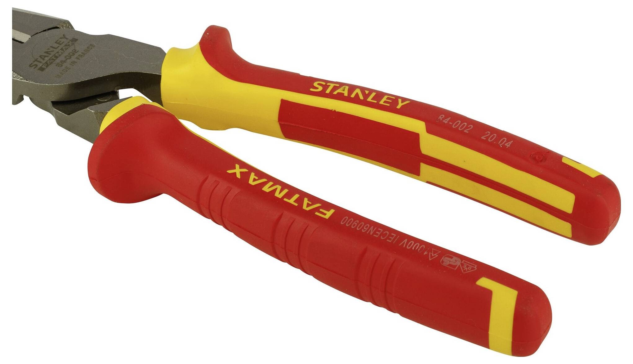 A red and yellow combination pliers by Stanley with insulation for additional safety when working with electricity.