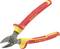 A red insulated pliers with a yellow handle and grey jaws. Suitable for electrical engineering work. Brand names are printed on the surface.