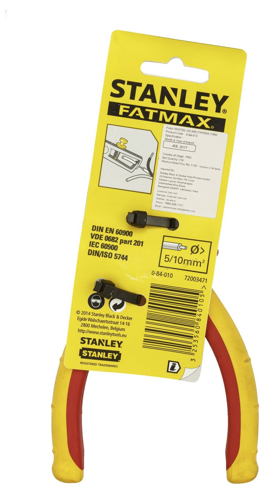 Pliers with a red handle in a yellow 'Stanley Fatmax' packaging, with norm and size details printed on the packaging.