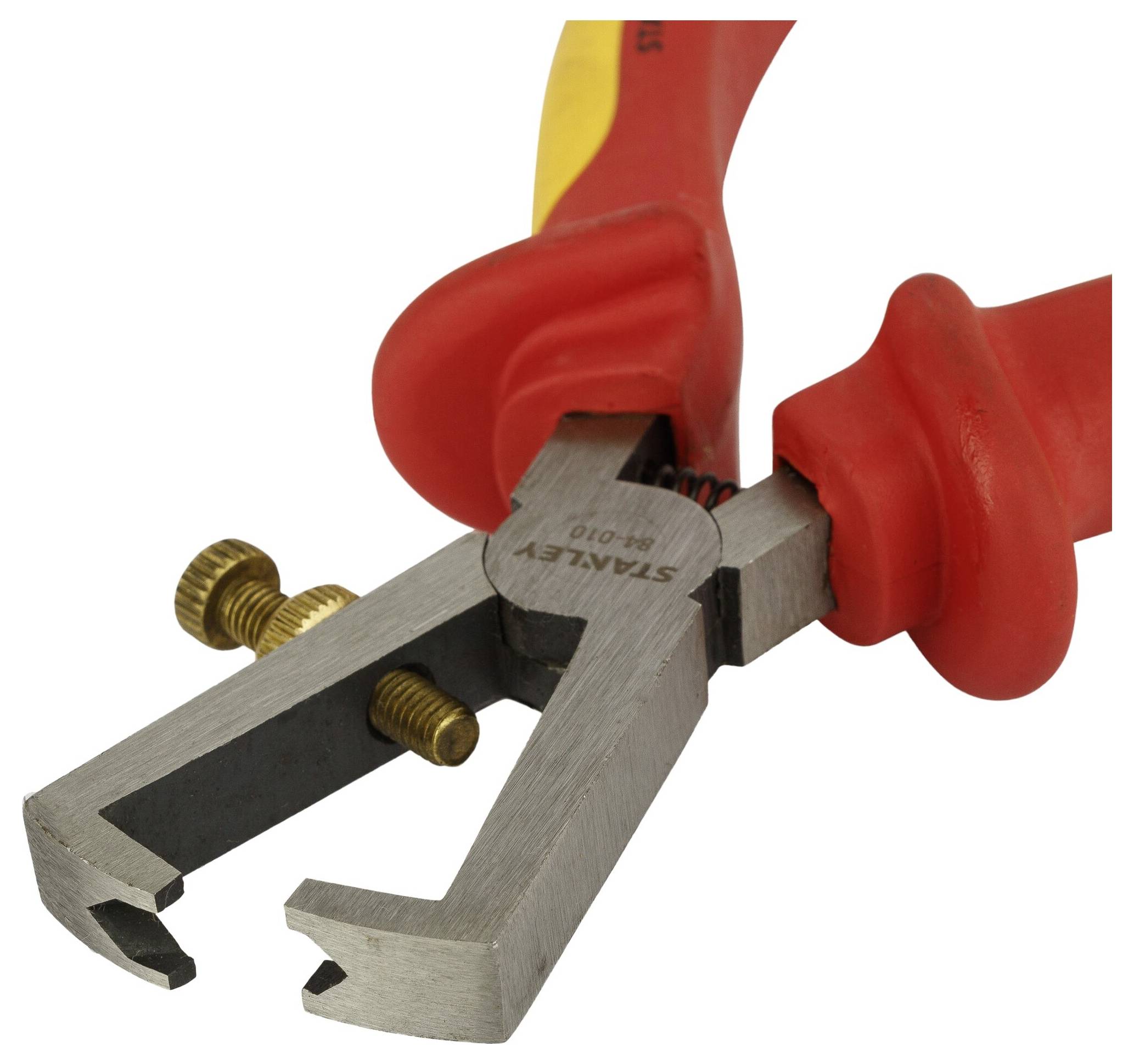 A red wire stripping pliers with yellow handles, holding a yellow wire screw in its open metal head.