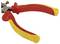 Red and yellow insulated pliers with metallic gripping jaws, suitable for work up to 1000V voltage with certified seal.