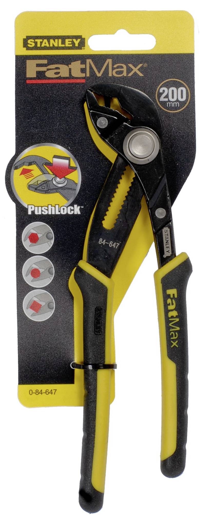 A black Stanley water pump pliers with yellow handles in the packaging. Features: PushLock mechanism, 200 mm length.