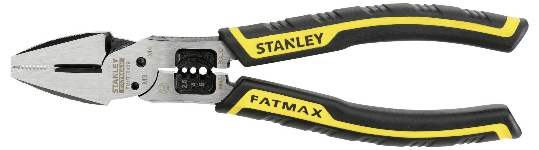 Black and yellow combination pliers by Stanley FatMax. Ideal for cutting and gripping wires and cables.