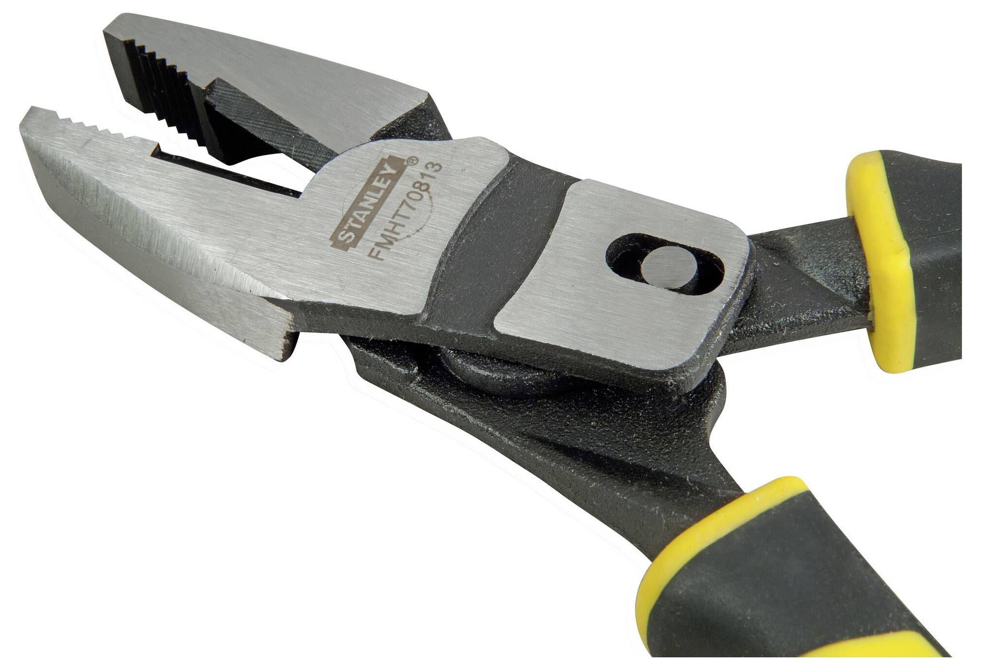 Close-up of a black pair of pliers with yellow handles and silver jaws, shown against a white background.