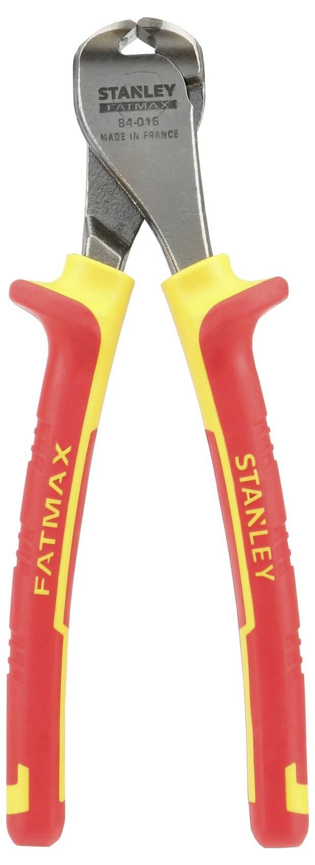 Pliers with red and yellow handles, suitable for electrical tools, with the 'Stanley' inscription on the handle and the pliers.