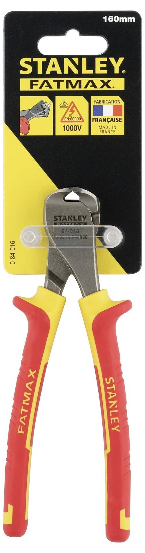 Stanley FatMax cutting pliers, 160 mm long, with red and yellow handles. Suitable for work up to 1000V.