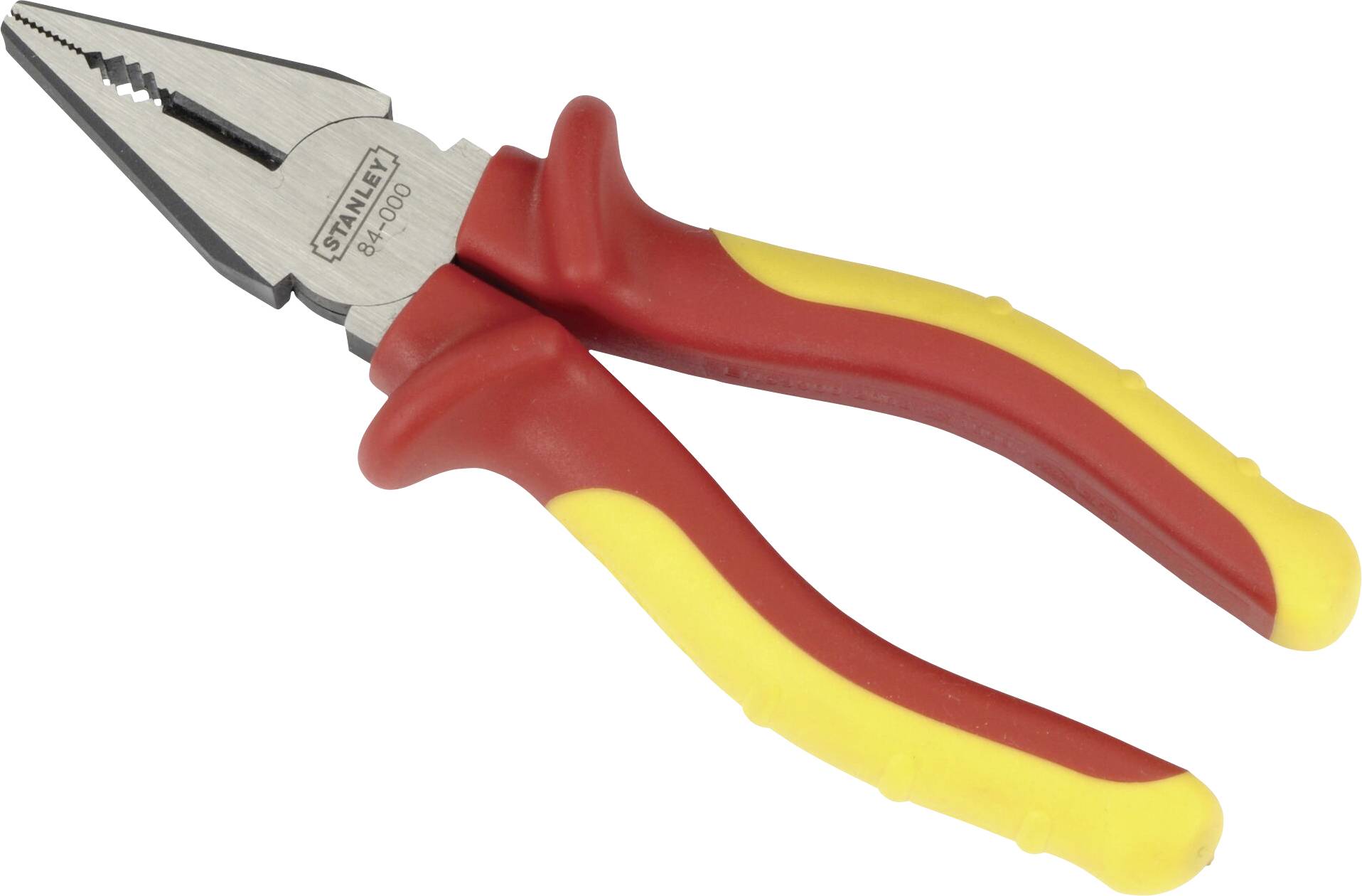 A red and yellow combination pliers with a metallic gripping head; suitable for gripping and cutting work.