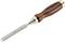 Wood chisel with a curved wooden handle and a metal blade. Used for carving or working with wood.