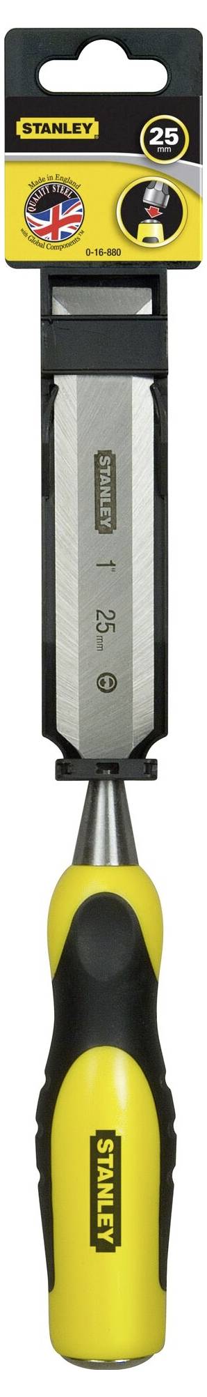 Stanley chisel with yellow and black handle, steel blade and protective cap, suitable for woodworking.