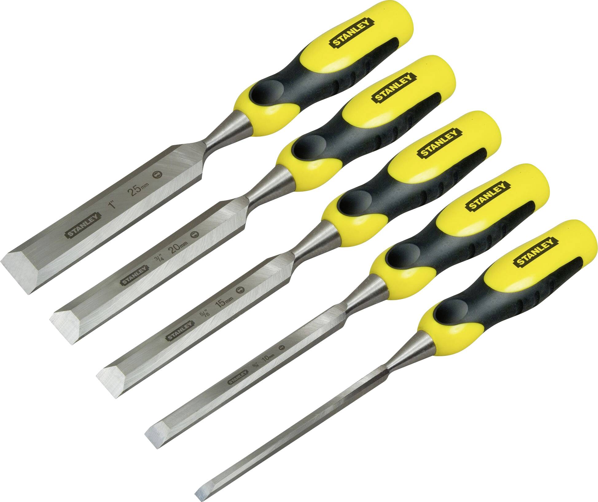 A set of five wooden chisels with yellow and black handles, graduated in size. Suitable for carving and working with wood.