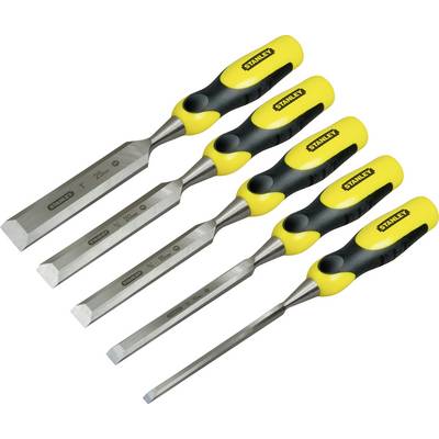 A set of five wooden chisels with yellow and black handles, graduated in size. Suitable for carving and working with wood.