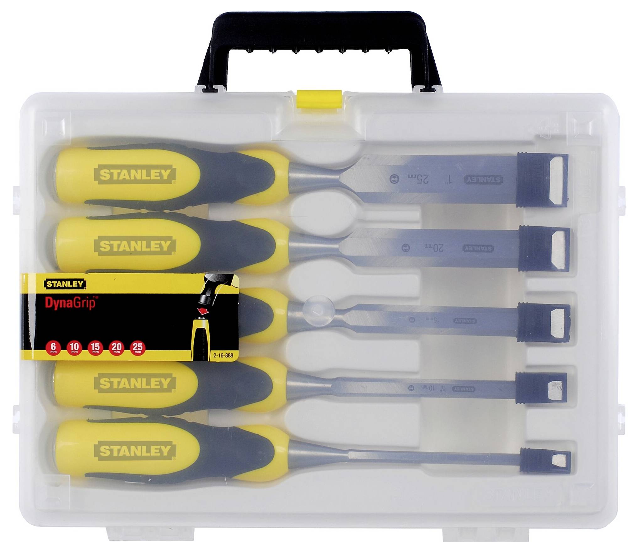 A case containing five Stanley DynaGrip chisels in various sizes. The chisels have yellow and black handles.