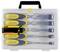 A case containing five Stanley DynaGrip chisels in various sizes. The chisels have yellow and black handles.
